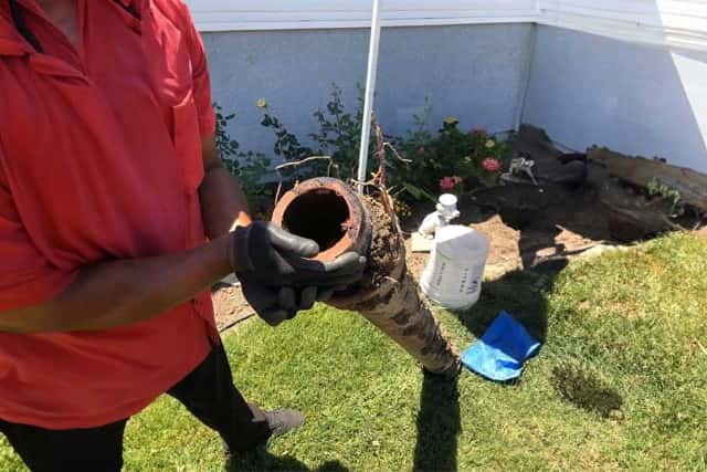 Plumber holding old sewer line section being replaced.